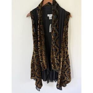 Vintage Ania A Burnout Velvet Sleveless Cardigan Vest Black Gold Size M New